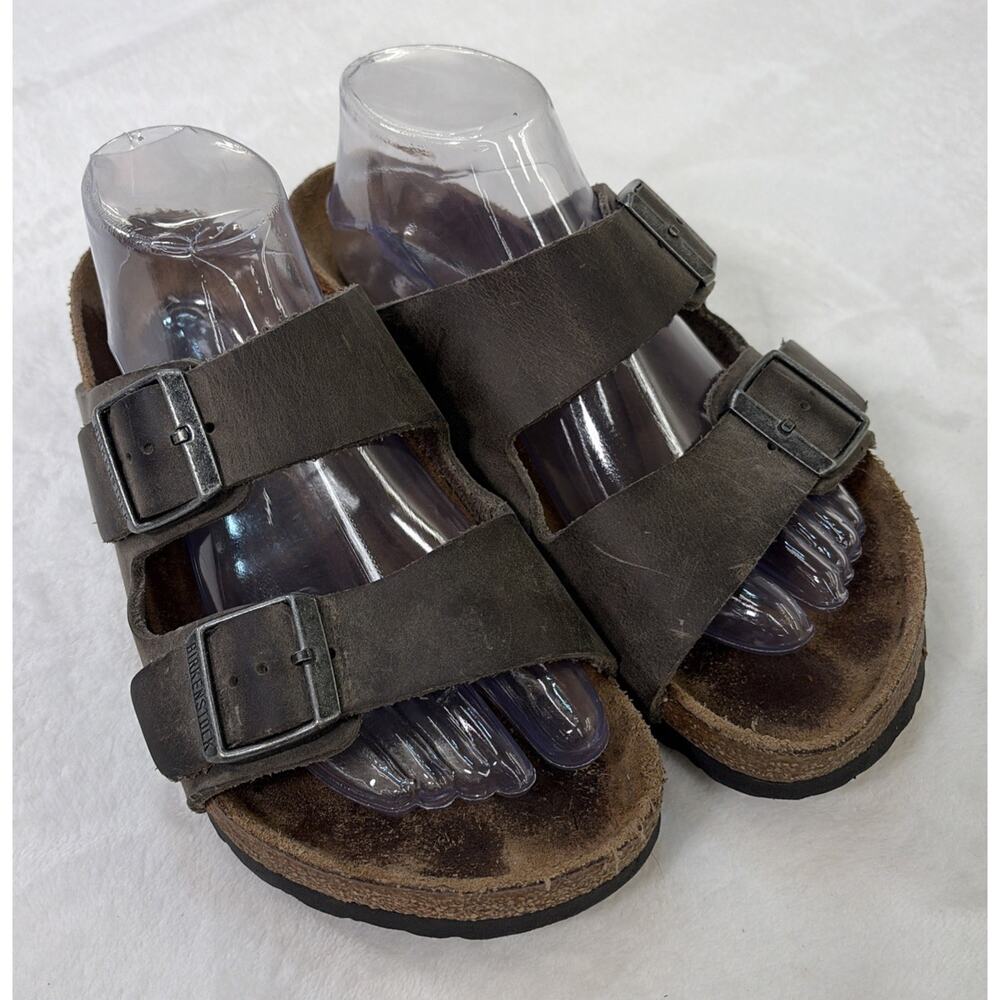 Birkenstock Arizona Two Strap Greige Distressed Leather Sandals Size 39 FreeShip - Picture 2 of 14